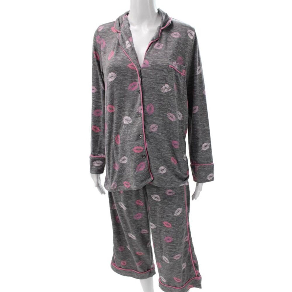 Splendid Womens Geometric Collared Long Sleeve Pajama Set Gray Size M
